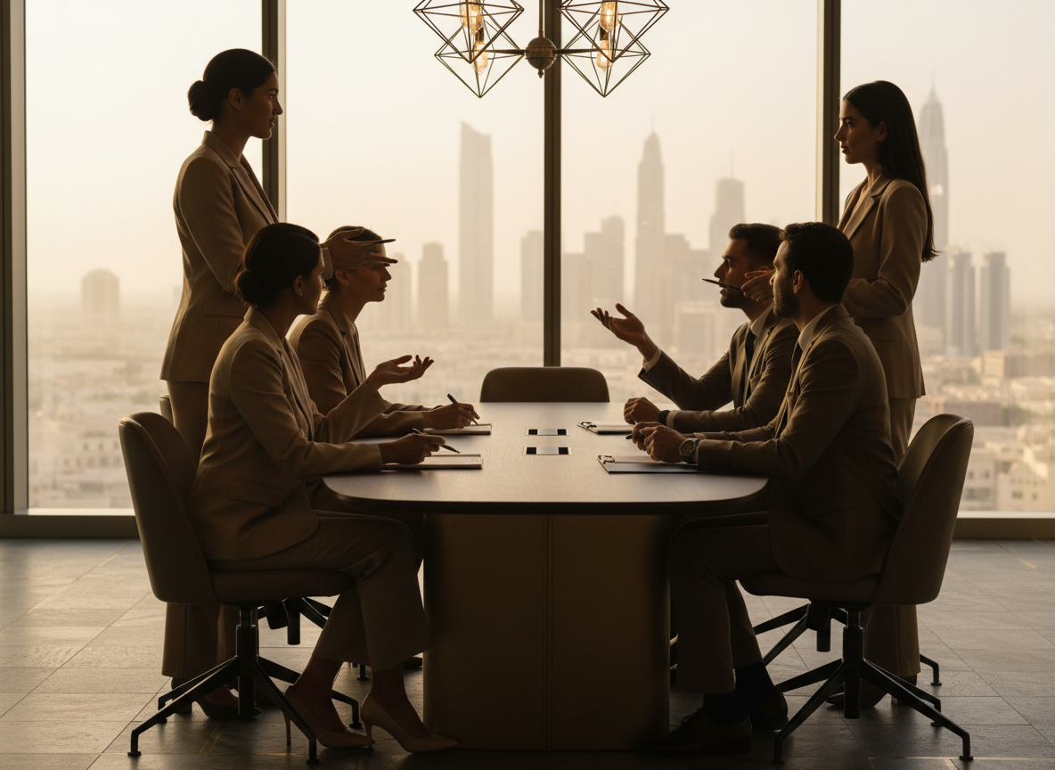 A polished, premium corporate photograph representing a consulting team without showing any faces: several diverse professionals seen from behind or in cropped side angles collaborating around a conference table in a sophisticated Dubai office, elegant business attire, hands and silhouettes visible, modern glass-and-metal interior, warm charcoal and gold palette, authentic teamwork, editorial photography, no visible faces, no text, no logos, no watermark.